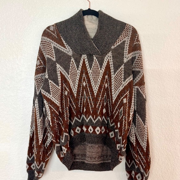Vintage Shawl Collar Geometric Sweater • Brown Earth Tones • Unisex Cozy Knit - Picture 2 of 7